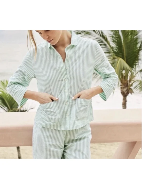Lake Pajamas Small Green White Check Seersucker 3/4 Sleeve Button Down TOP ONLY
