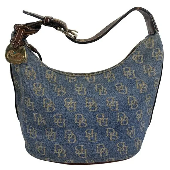 Dooney Bourke Blue Denim Jeans DB Logo Brown Leather Mini Hobo Bag Vintage Y2K