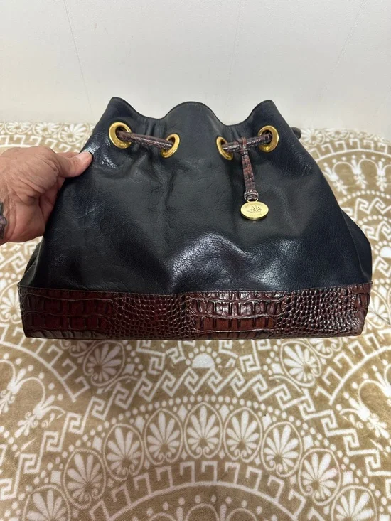 Brahmin Melbourne Leather Drawstring Bucket Bag - Black & Brown