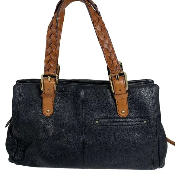 B Makowsky Leather Slouchy Hobo Shoulder Bag Braided Handles Black/Camel EUC