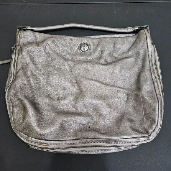 Tory Burch Metallic Gray Pebbled Leather Hobo Shoulder Bag Messenger Everyday