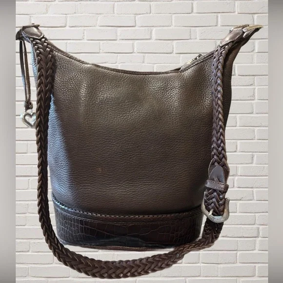 Brighton Brown Leather Braided Strap Hobo Bag Bali Collection Silver Heart