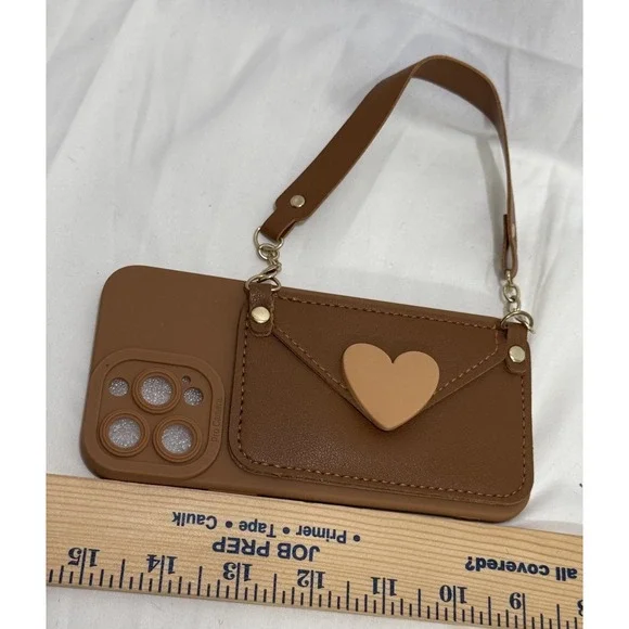 Brown W/Heart Pocket Phone Case For Apple‎ iPhone 13 Pro Max w/Wristlet