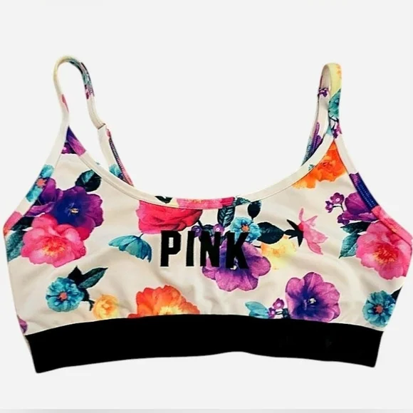 Victoria's Secret Pink‎ floral sports bra in white with black band Size L