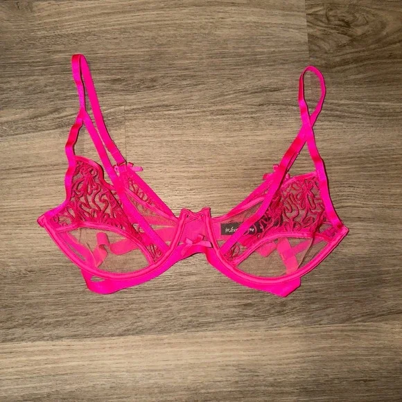 For Love & Lemons Neon Pink Embroidered Strappy Underwire Bra XL SKBR1542-FA21