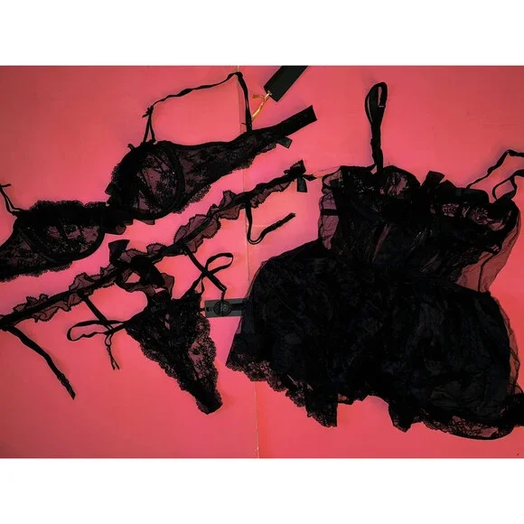 Victoria's Secret Designer Collection 36B BRA SET+garter+BABYDOLL BLACK crystals
