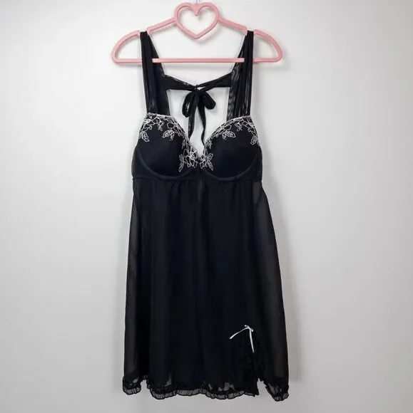 Inner Secrets Lingerie Large Black Babydoll Sheer Embroidery‎ Goth Grunge Alt