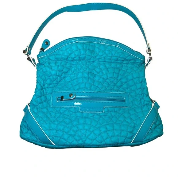 Vera Bradley Turquoise Blue Quilted Microfiber Hobo Shoulder Bag Patent Trim