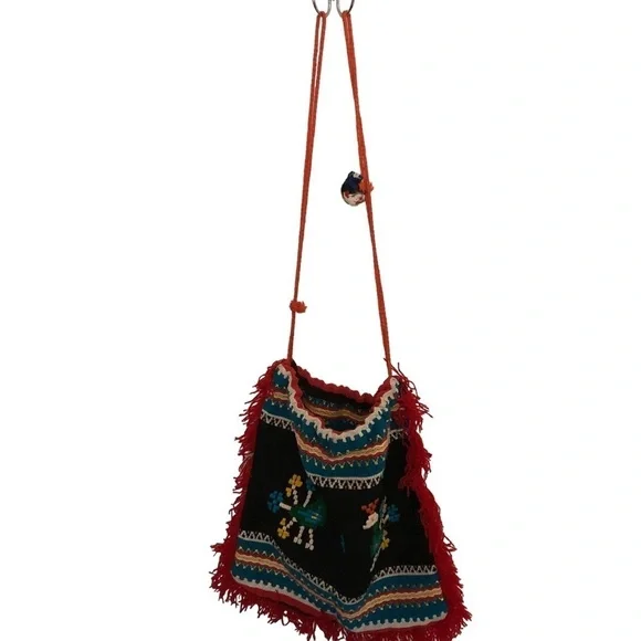 Vintage Handmade Boho Bag. Embroidered Birds. Red Fringe.‎ Groovy