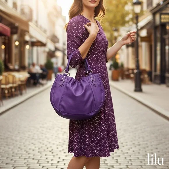 Lilu. Purple Faux Leather Hobo Shoulder Bag W/Dual Handles Gathered Top