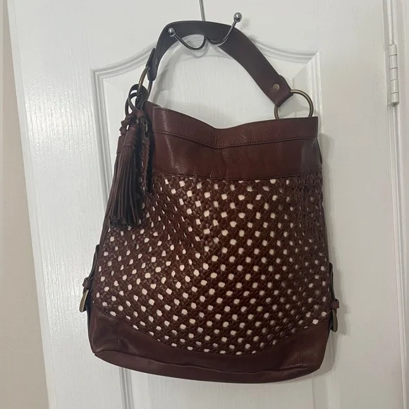 Isabella Fiore Brown and Cream Woven Hobo Bag