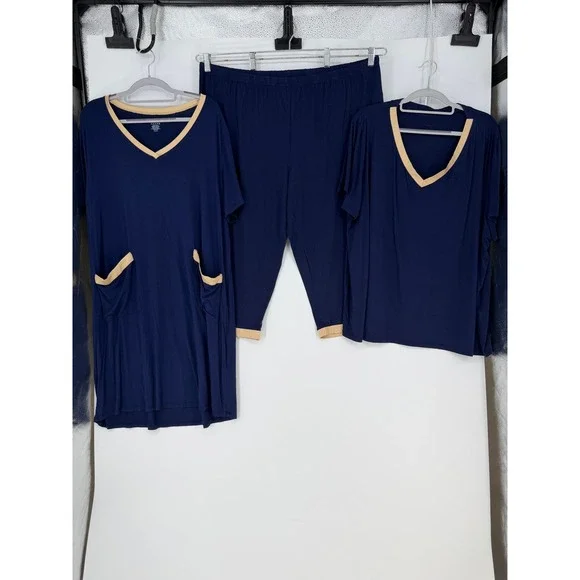 Pajama Set Women 2X Navy Blue 3pc Soft Stretchy Loungewear Comfy Casual Minimal