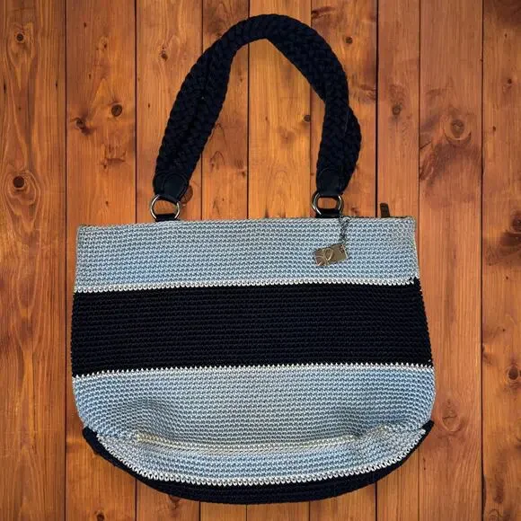 Lina Crocheted Bucket Bag Purse Blue 14.5