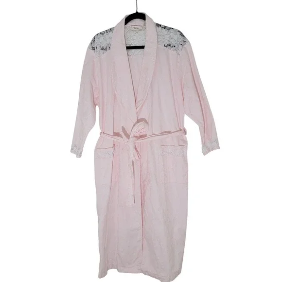VTG Gold Label Victoria's Secret Pastel Pink Cotton Lace Trim‎ Robe P/S Jacquard