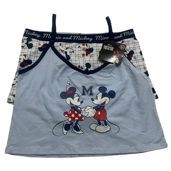 Disney Minnie & Mickey Mouse Pajama Set Women's Blue Cami Top‎ Boxer Shorts L