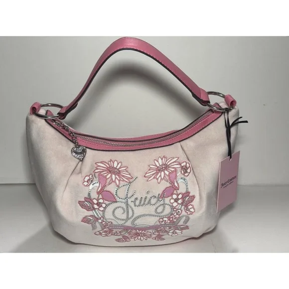Juicy Couture Hobo Bag Juicy In Bloom Powder Blush Pink Velour Floral Y2K