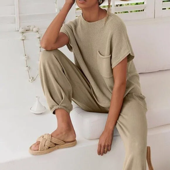 Amazon 2-Piece Knit Sweater Pullover Crop Top & Pants Lounge Set | Khaki…