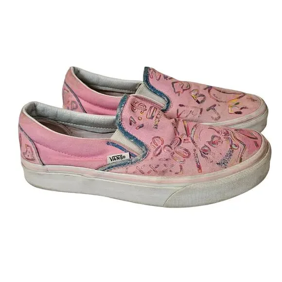 Vans Classic Slip On Shoe Sneaker Hand Painted Upcycle Light Pink‎ Women's 6.5