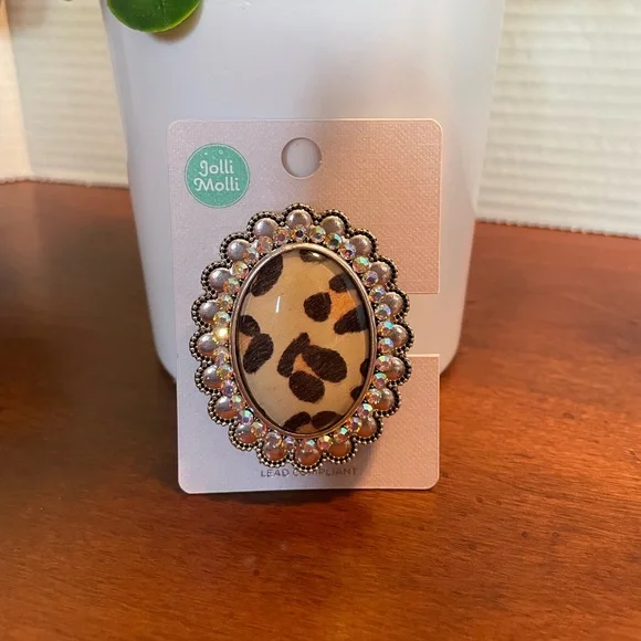 Jolli Molli Phone Grip.Oval Shape With A Leopard Print Surrounded With Bling New