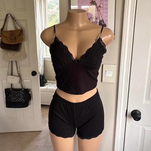 Y2k 2000s grunge black lace cami and shorts pajama set
