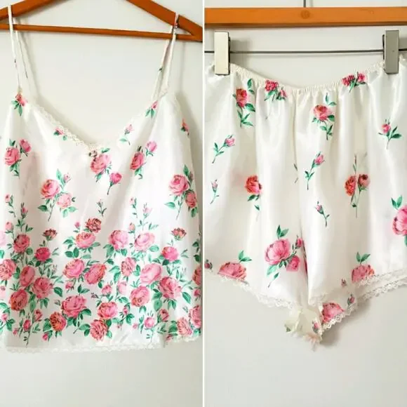 Vintage Antique Rose Lingerie Sleep Set Tank & Shorts Various Sizes