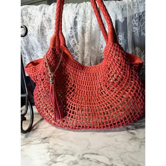 SR Squared by Sondra Roberts Woven Leather Hobo Tote Red Boho (A2951)