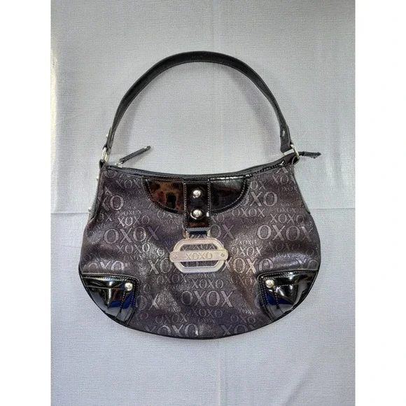XOXO Hobo Shoulder Bag Black Silver Monogram Faux Patent Leather Biker Goth