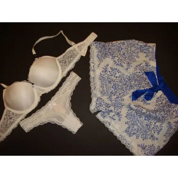 Victoria's Secret 32D BRA SET+XS SHORTS WHITE BLUE paisley gzhel floral BRIDAL