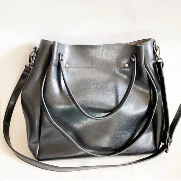 Black Leather Satchel Hobo Crossbody Casual Handbag