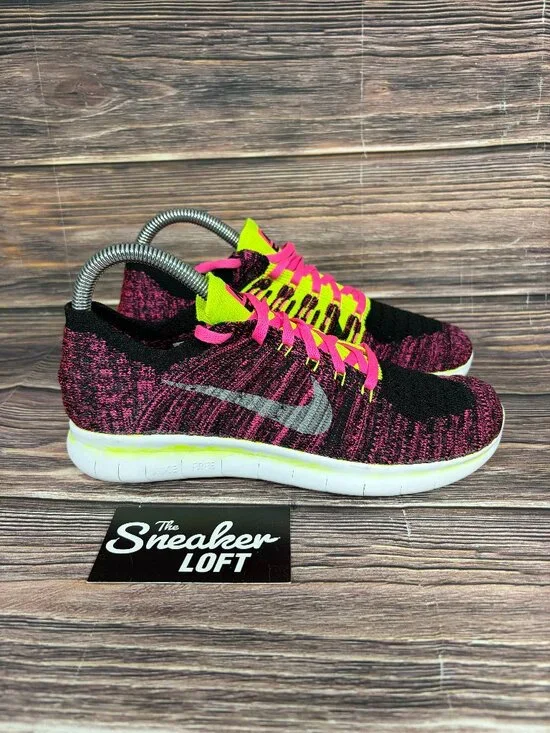 Nike Free RN Flyknit Running Shoes Pink Black Women's Athletic Size 6.5