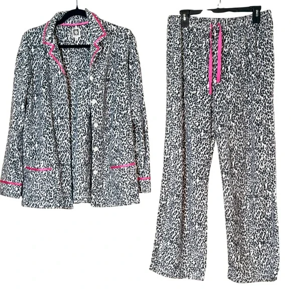 Anne Klein Womens Leopard Print Fleece Pajama‎ Set Button Up Pants Pink Trim Med