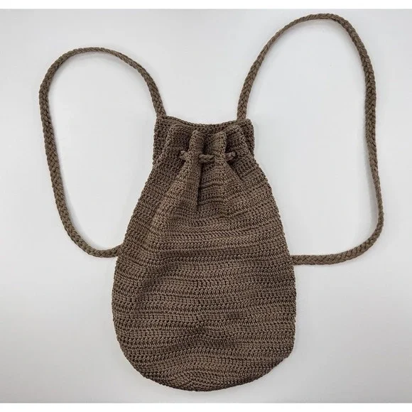 Y2K Crochet Hobo Backpack Purse Brown Boho 90s Festival Bucket Crochet Knit