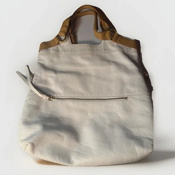 Margot Cream Tan Pebbled Genuine Leather Hobo Tote Bag Gold Hardware Large