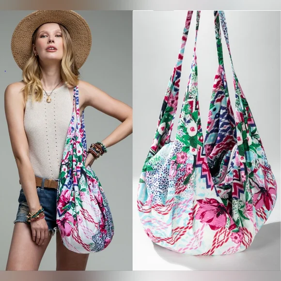 Boho Chic Beach Yoga Hobo Shoulder Bag - 100% Cotton - Floral & Ethnic Design