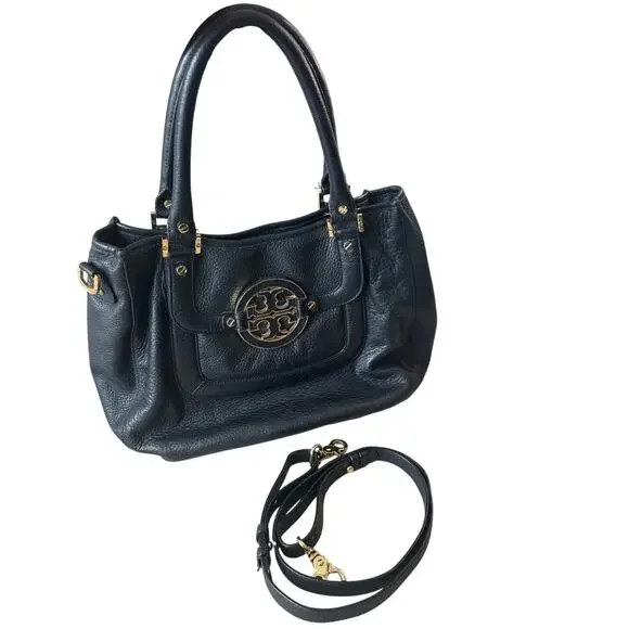 Tory Burch Amanda Slouchy Hobo Black Pebbled Leather Gold Logo