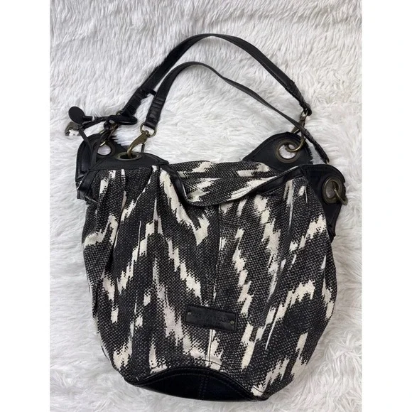 Lucky Brand Bali Hai Black White Canvas Hobo Shoulder Bag Boho Ikat Zip