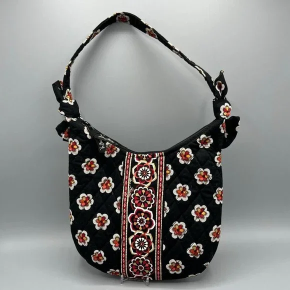 Vera Bradley Mini Hobo Shoulder Bag Black Pirouette Pattern Floral Black & Red