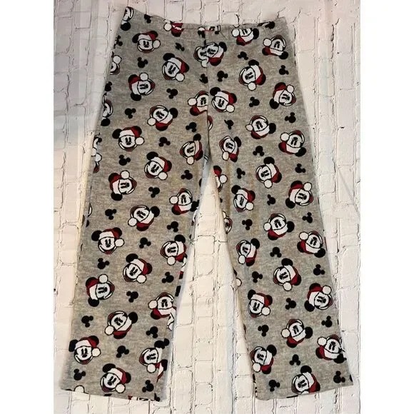 Disney Size L Santa Mickey Mouse Pajama Lounge Pants Gray Fleece Comfy Cozy