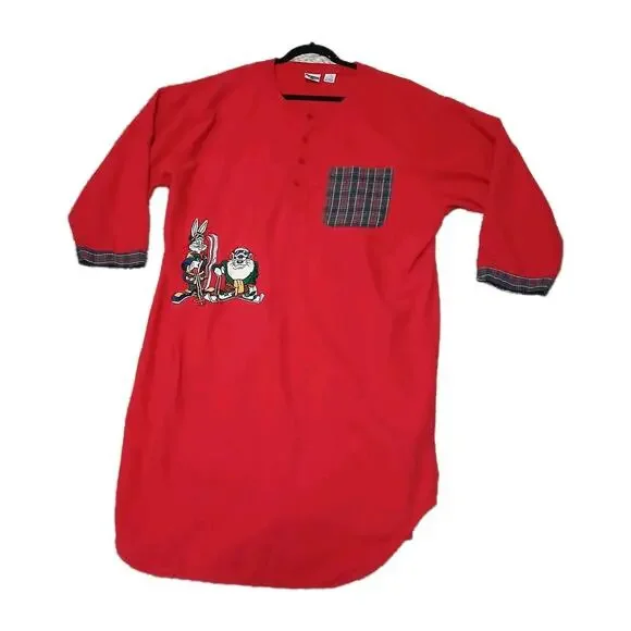Vtg ACME Clothing Looney Tunes Nightshirt L/XL Bugs Bunny Taz Skiing‎ Red Henley