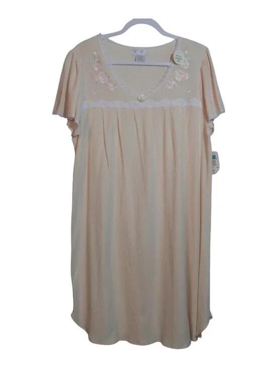 Miss Elaine Heavenly Bodies Peach Floral-Trim Nightgown - Classic Comfort Size L