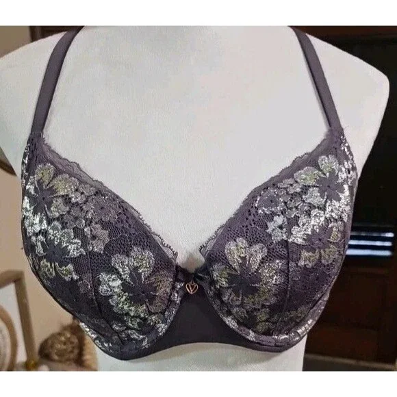 Victoria Secret Body Dark Purple Silver floral Lace Bra Size 34DD