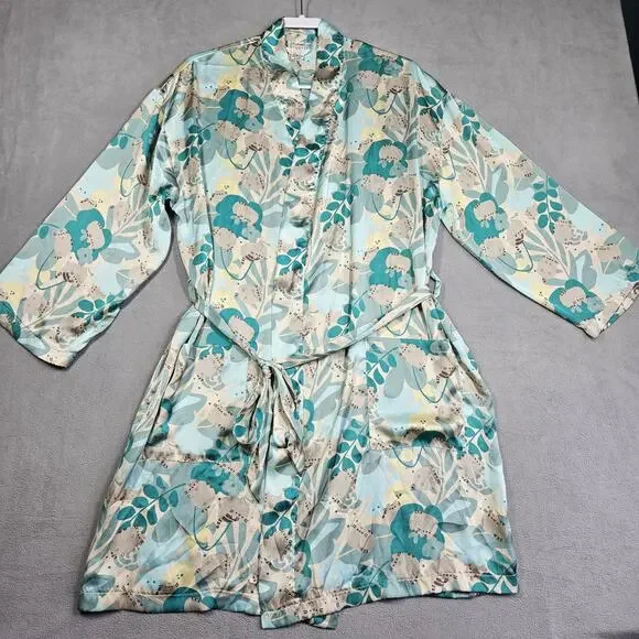 PUSHEEN Robe Womens Size XS S M Floral Green Cat Lounge Satin Animal Lover