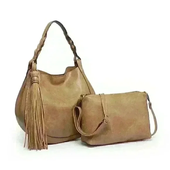 Taupe Hobo Side Tassel Vegan‎ Leather Crossbody Handbag with Inner Bag