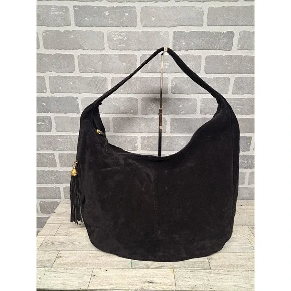 Neiman Marcus Womens Vintge Black Suede Shoulder Genuine Leather Hobo Bag Tassel
