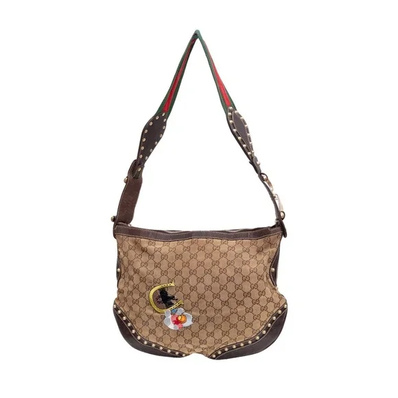 Gucci GG Canvas Pelham Horsebit Studded Hobo Bag Web Strap 153691 Brown