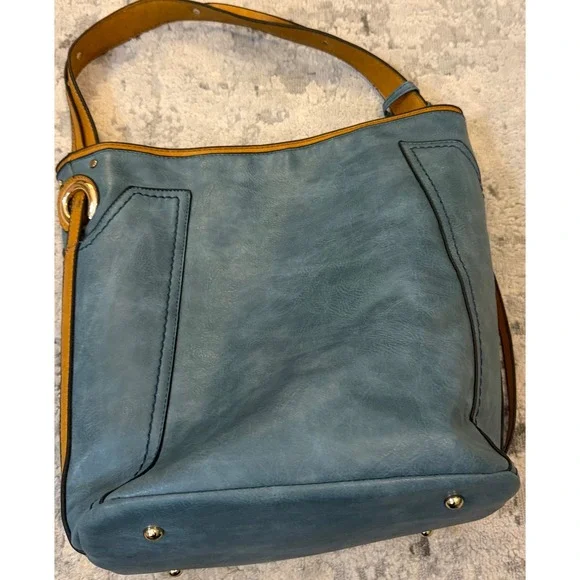 Slate Blue and Mustard Yellow Vegan Leather Hobo Bag with Chevron Lining