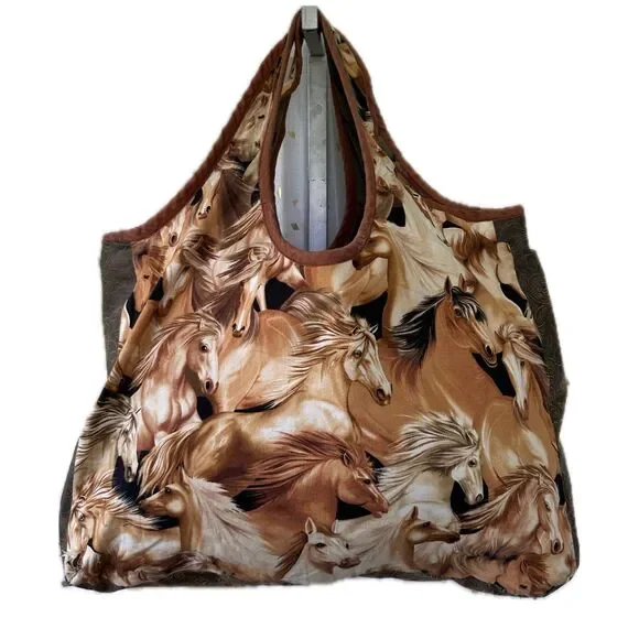 Unbranded Reversable Horses Stallion Tapestry Embroidered Mix Media Hobo Bag