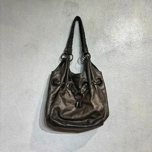Michael Kors Silver Leather Weave Slouchy Hobo Bag