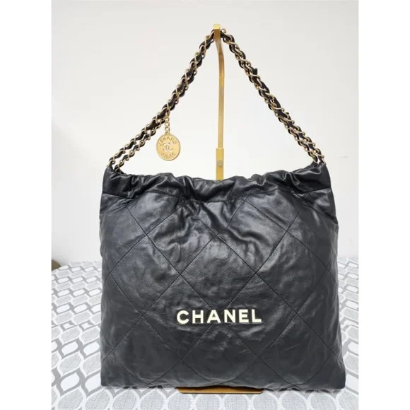 Authentic CHANEL Quilted Shiny Calfskin Leather 22 Hobo Bag Black