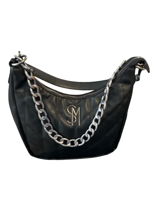 Steve Madden Quilted Black Shoulder Bag SM Logo Chain Strap Hobo Style